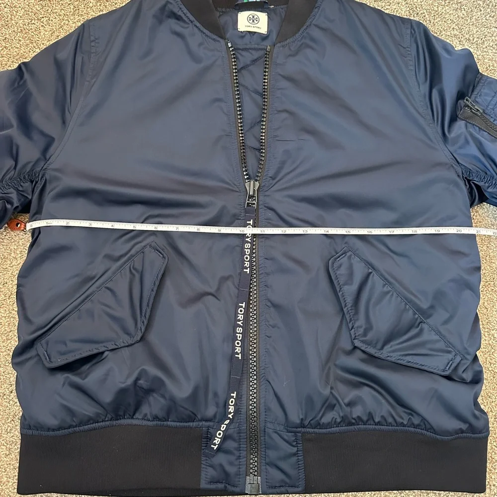 Tory Burch Bomber Jacket Deep Blue Sheen Tory Sport Zipper Pull Oversized Sz XS
